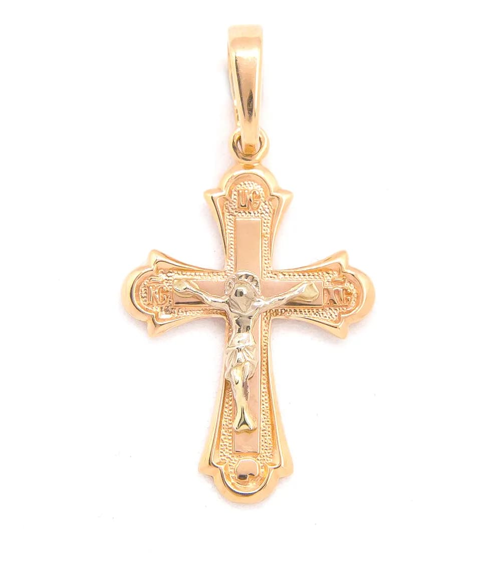 Хрестик з розп`яттям з комбінованого золота 305-0863