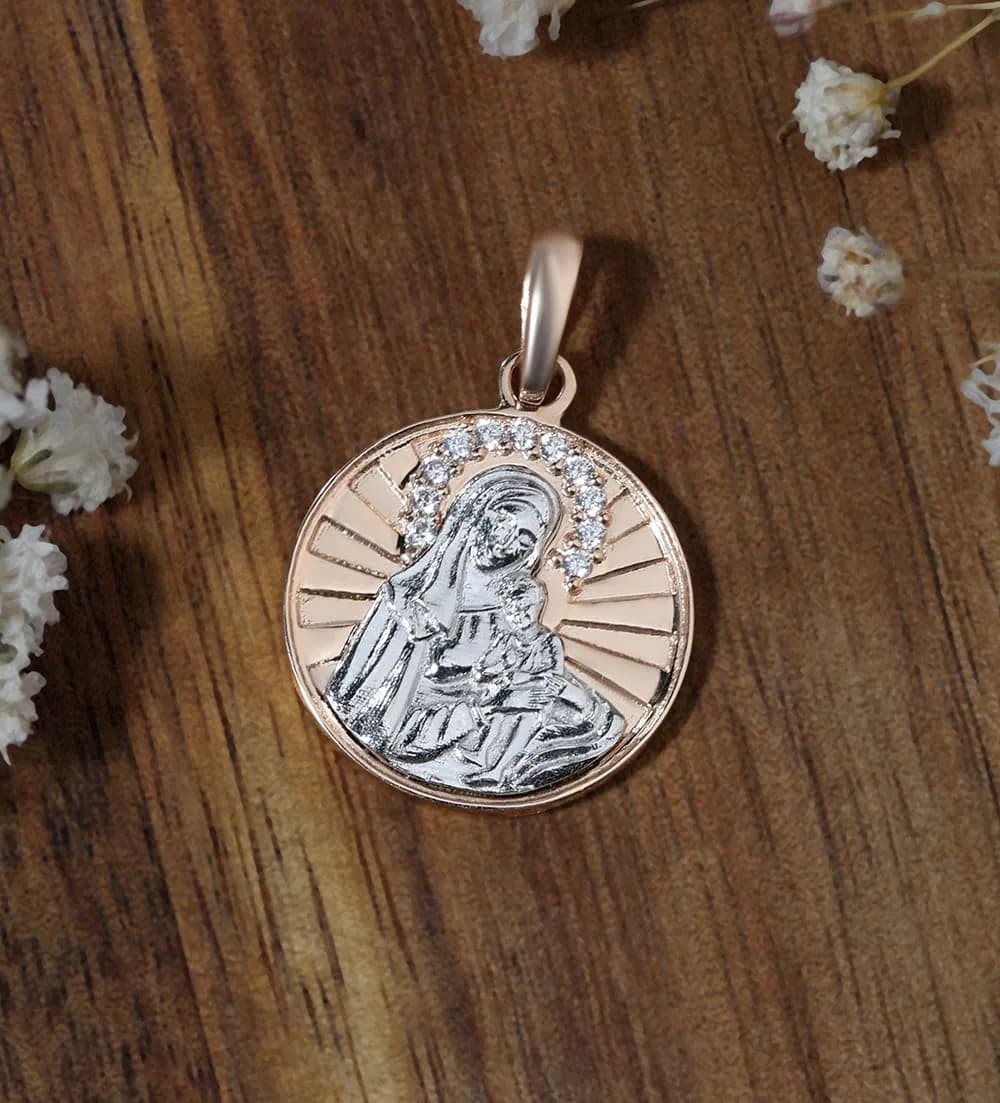 Медальйон Богородиця з дитям з комбінованого золота 18 mm P36