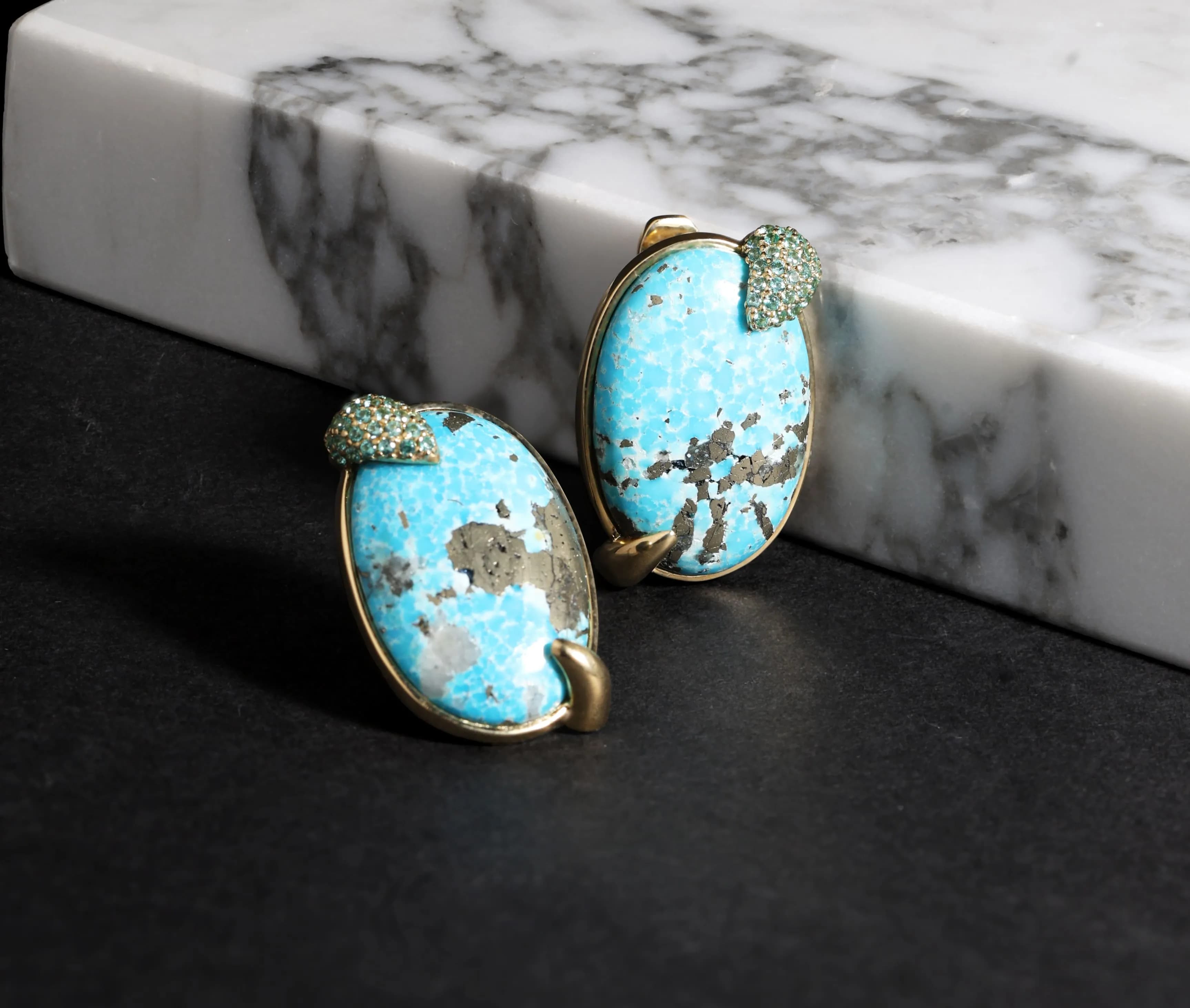 Сережки з бірюзою з жовтого золота Mantra E49 turq,piryt,parai