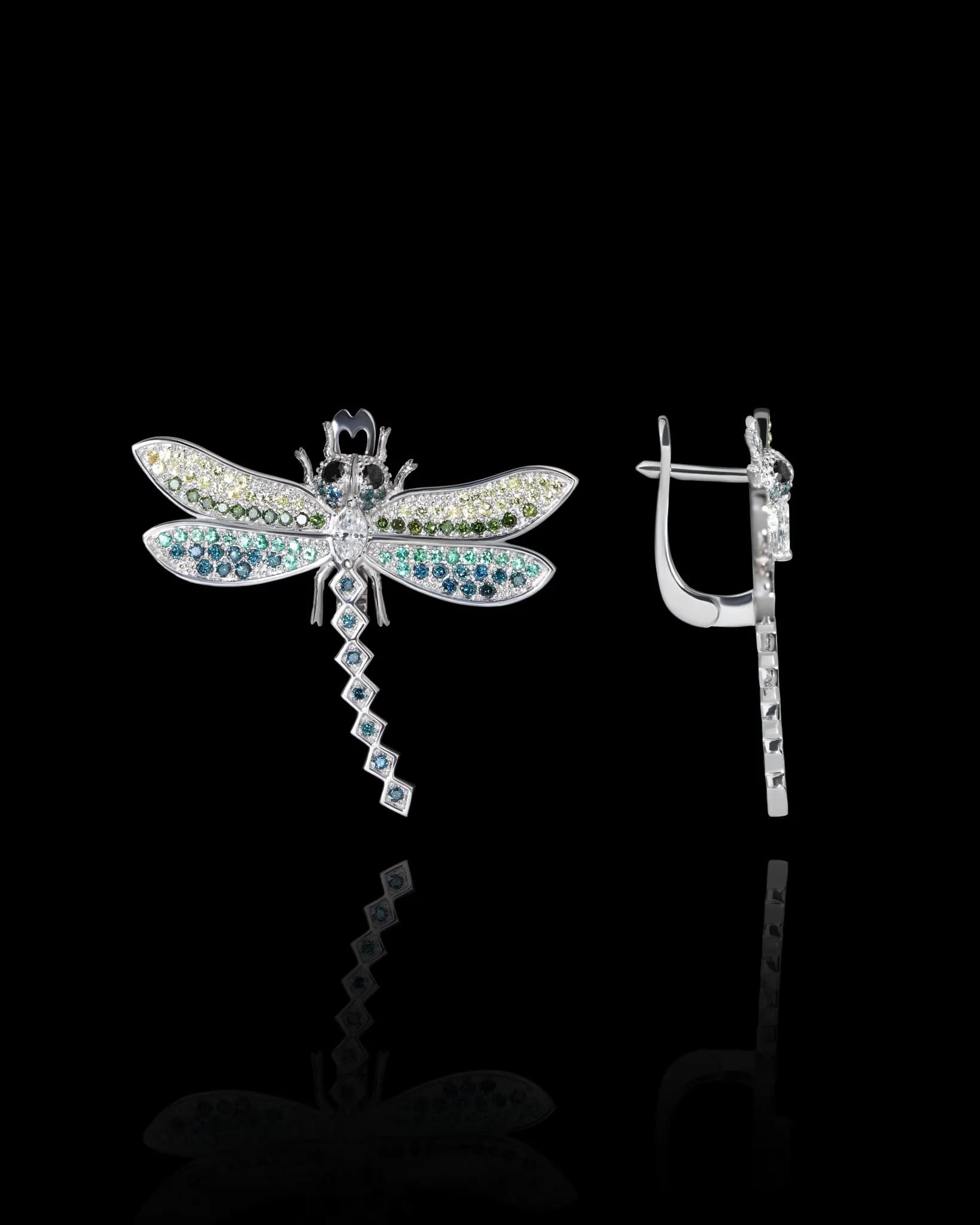 Сережки бабки з білого золота Dragonfly E2 magic diamon, фото 2