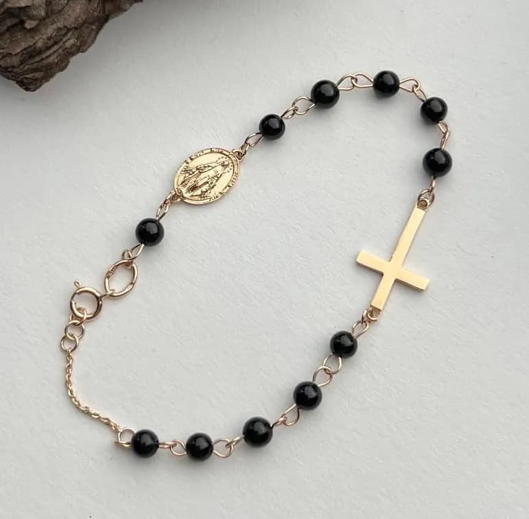 Браслет-вервця з агатом з червоного золота Rosary B1 black agat 4mm (17,5-18,5)