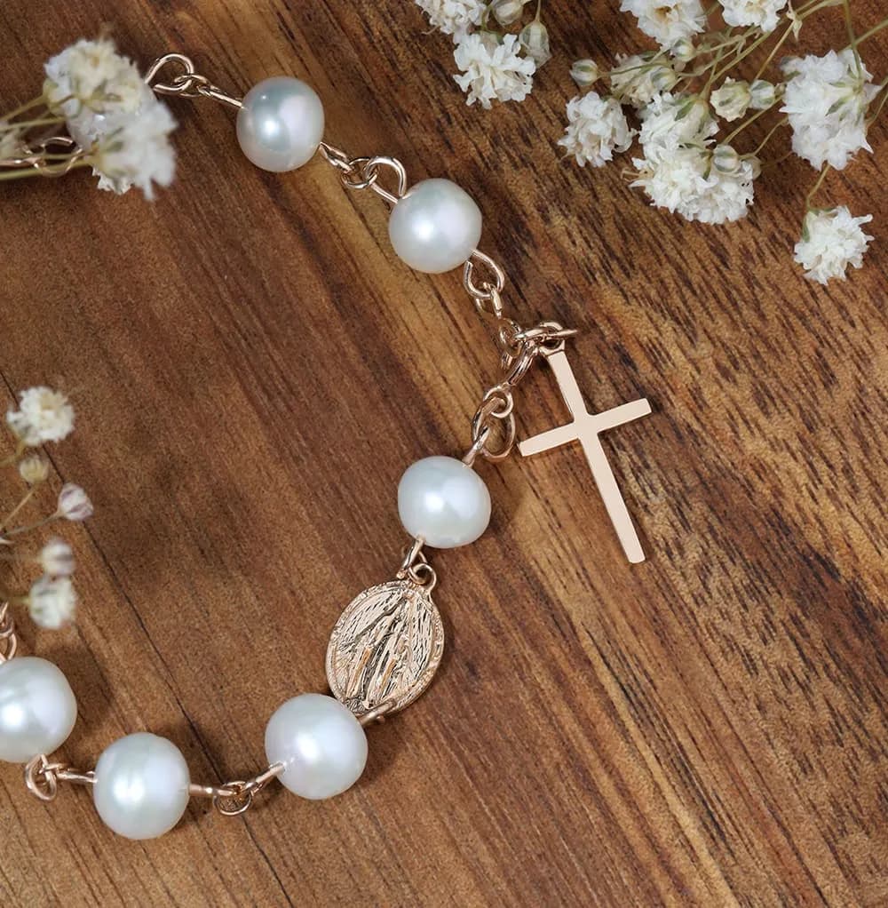 Браслет-вервиця з перлинами з червоного золота Rosary Perl B1 7мм, фото 2