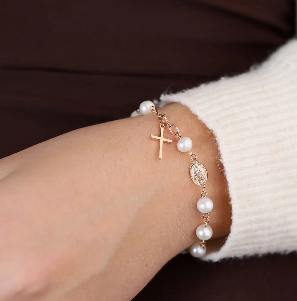 Браслет-вервиця з перлинами з червоного золота Rosary Perl B1 7мм, фото 4