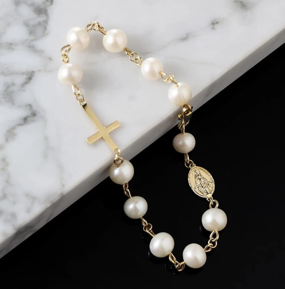 Браслет-вервиця з перлинами з жовтого золота Rosary Perl B4 02 7мм