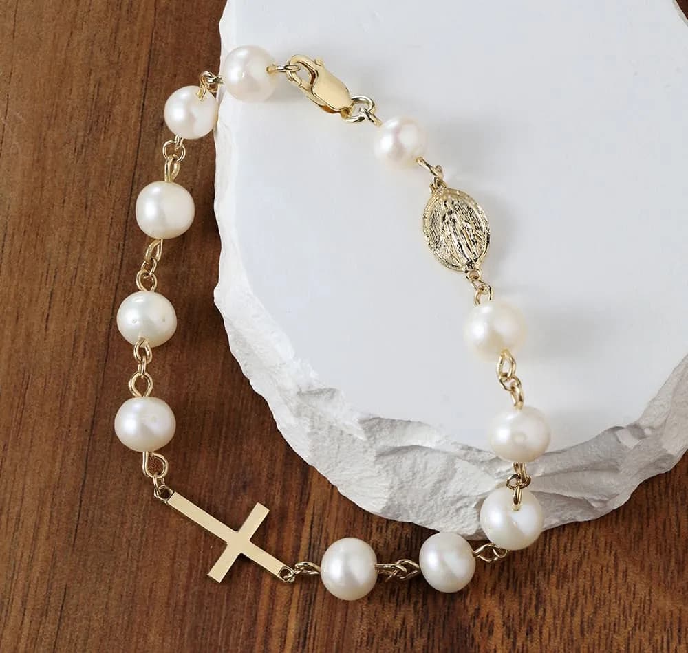 Браслет-вервиця з перлинами з жовтого золота Rosary Perl B4 02 7мм, фото 2