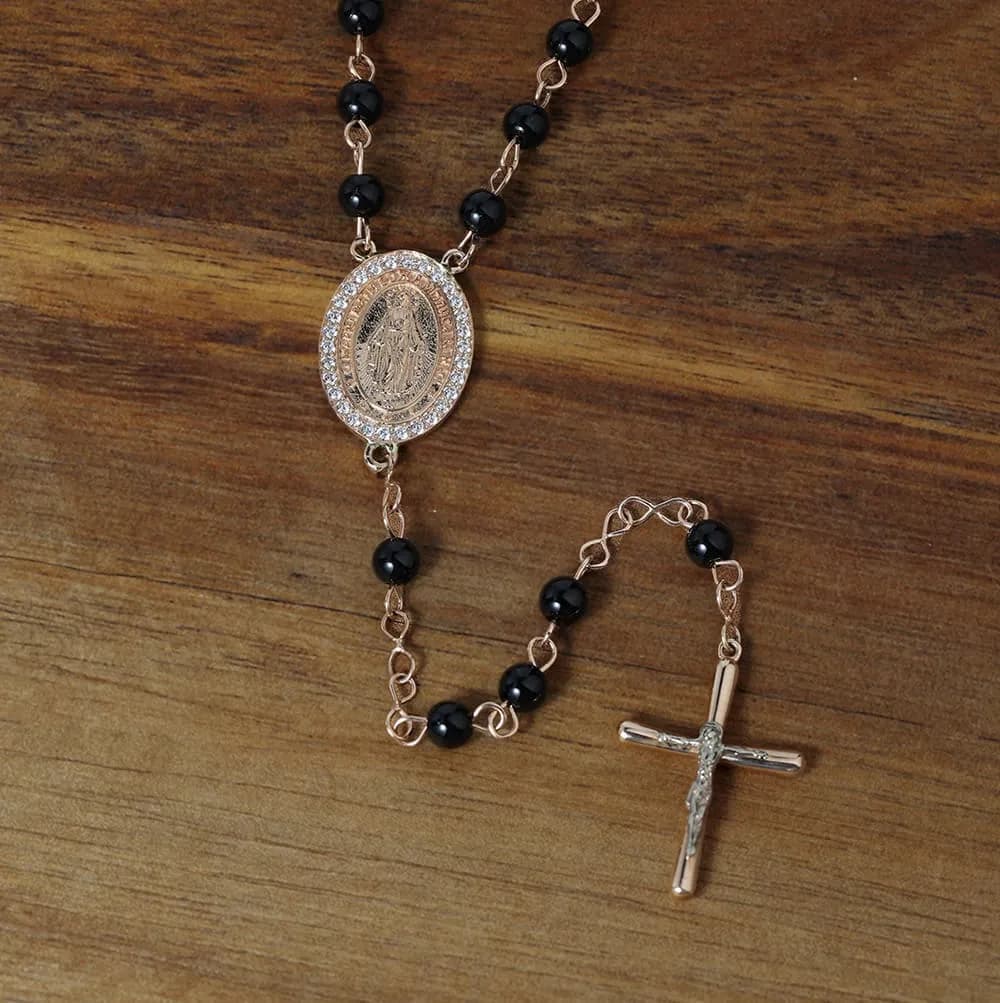 Золота вервиця з чорним агатом Rosary N1 black agat 0737