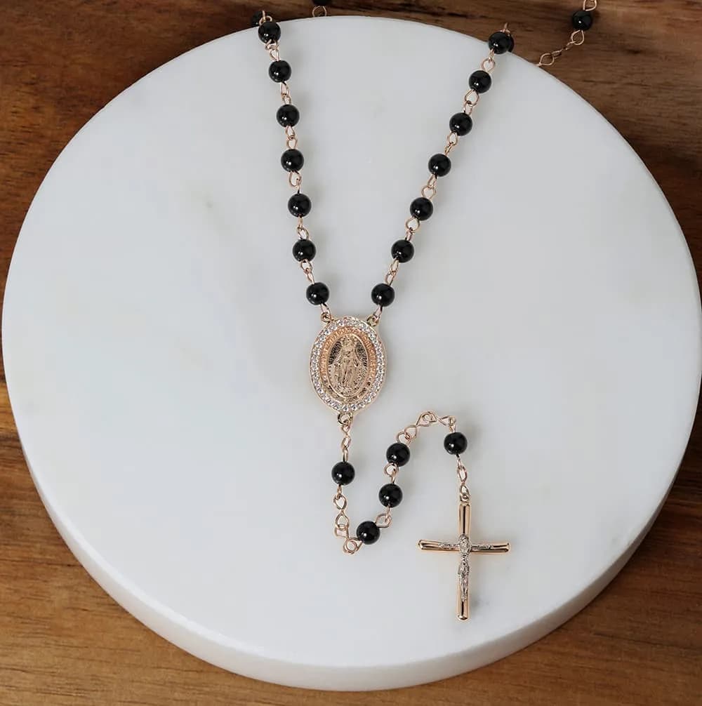 Золота вервиця з чорним агатом Rosary N1 black agat 0737, фото 2