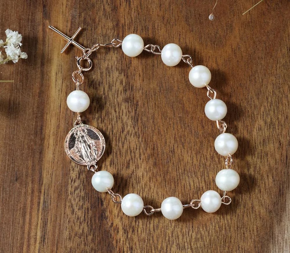 Браслет-вервиця з перлинами з червоного золота Rosary Perl B1 03 7мм