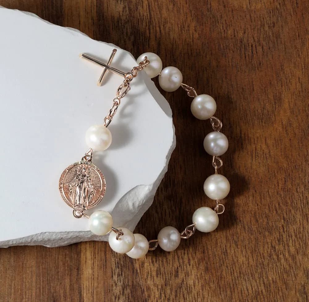 Браслет-вервиця з перлинами з червоного золота Rosary Perl B1 03 7мм, фото 2