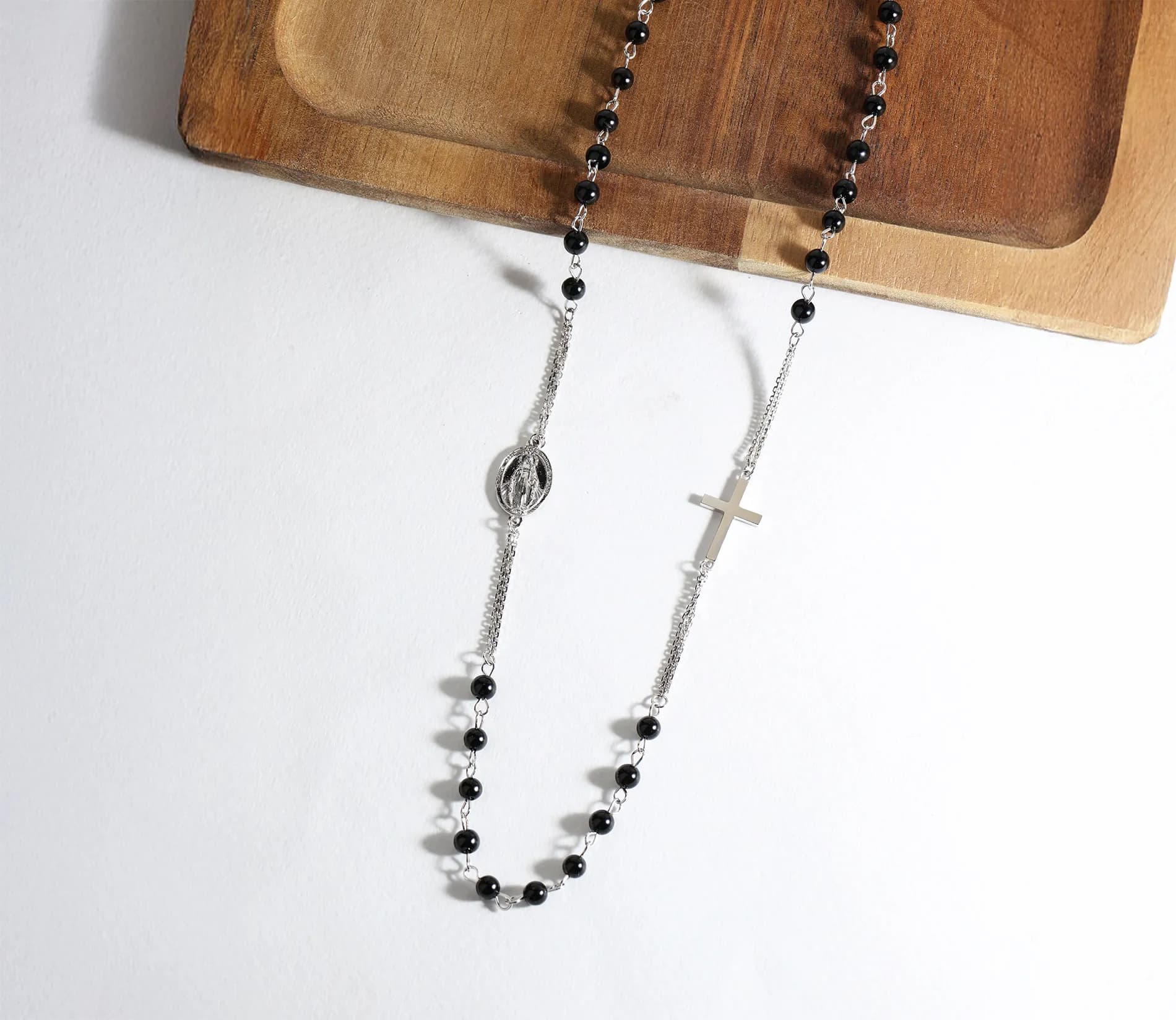 Вервиця кольє з білого золота Rosary N2 black agat 4mm