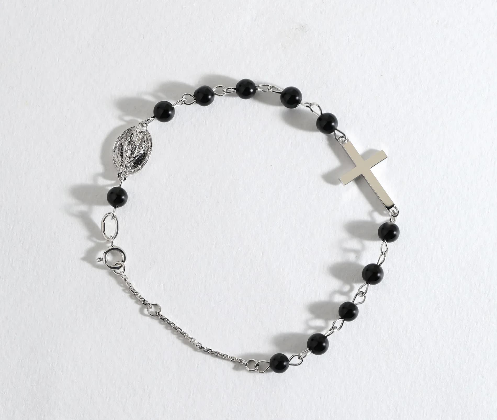 Вервиця браслет з білого золота Rosary B2 black agat 4mm