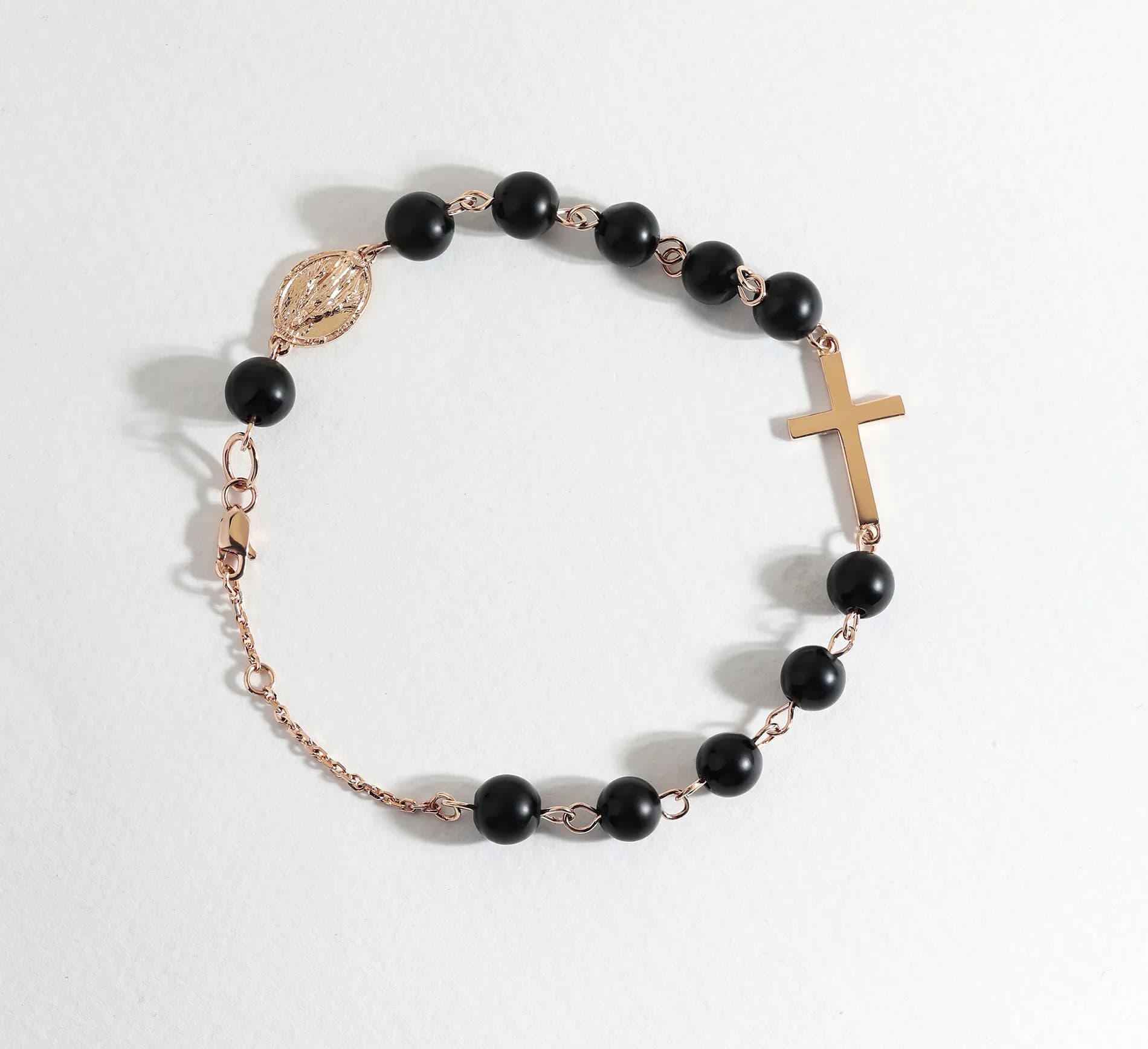 Золотий браслет вервиця з чорним агатом Rosary B1 agat matte 6mm (18,5-19,5)