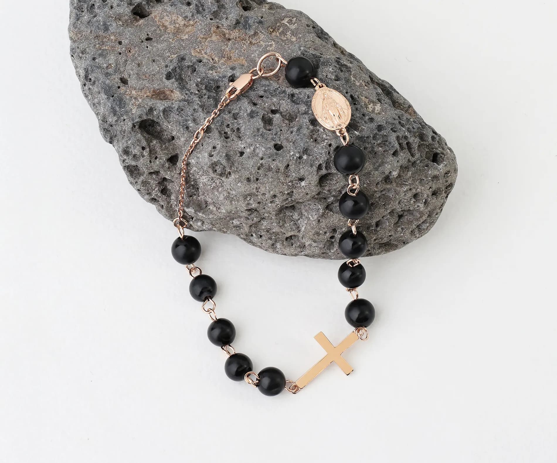 Золотий браслет вервиця з чорним агатом Rosary B1 agat matte 6mm (18,5-19,5), фото 2