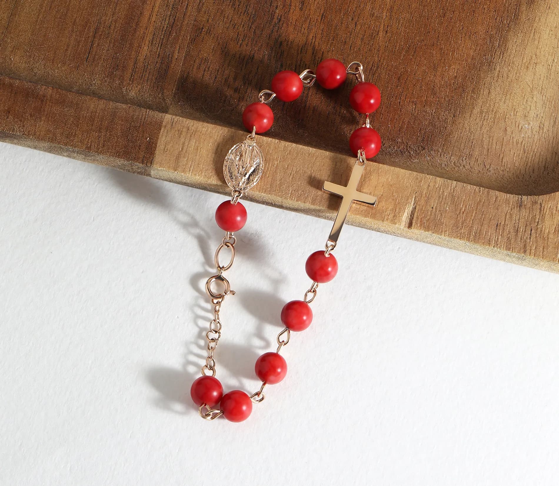 Золота вервиця браслет з коралом Rosary B1 coral 6mm, фото 5