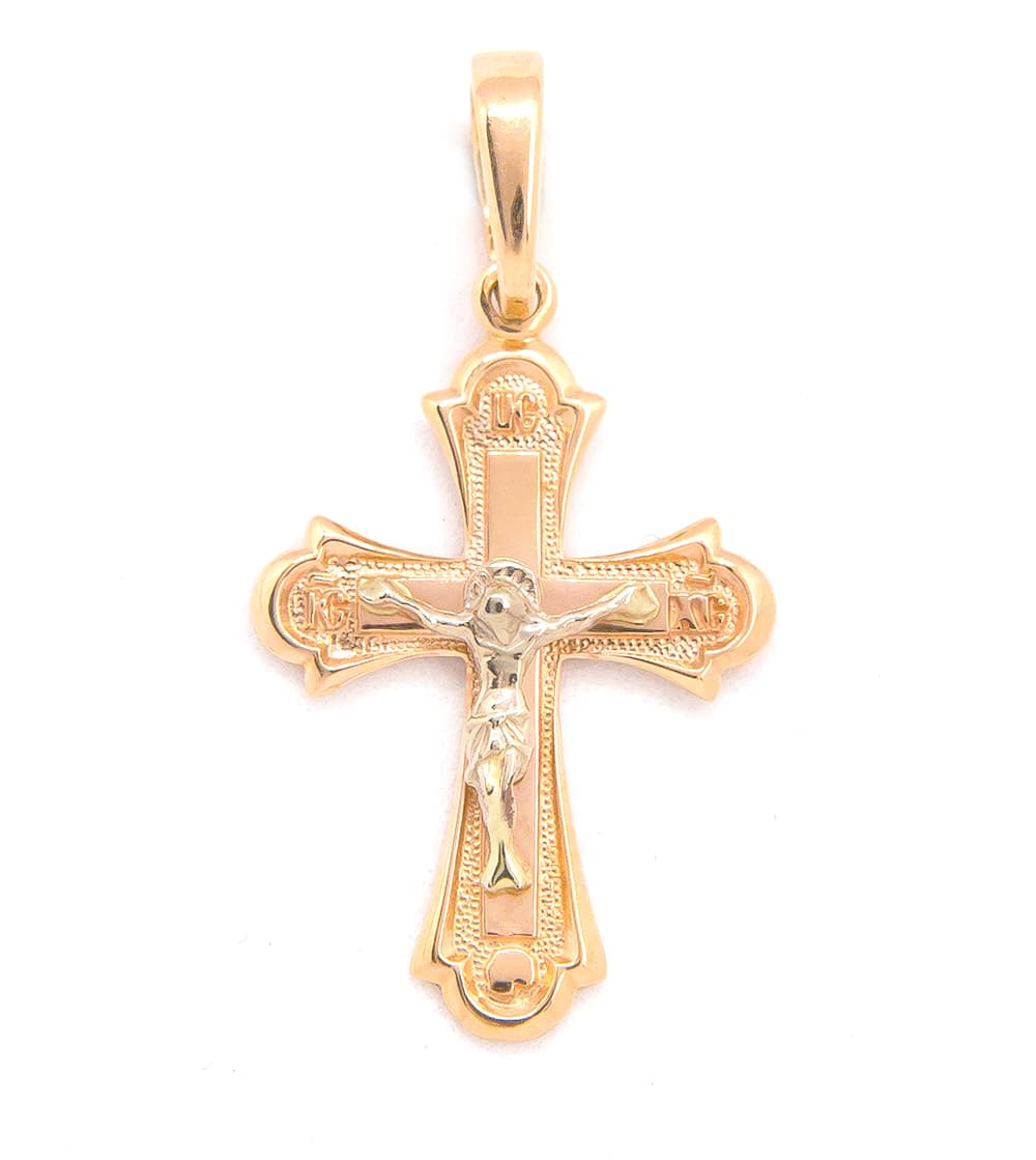 Хрестик з розп`яттям з комбінованого золота 305-0863
