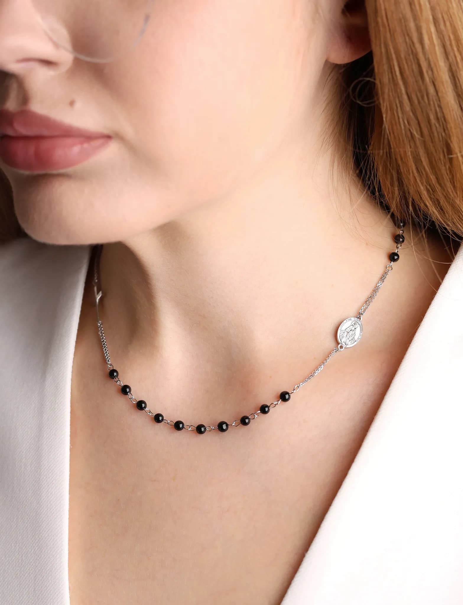 Вервиця кольє з білого золота Rosary N2 black agat 4mm, фото 3