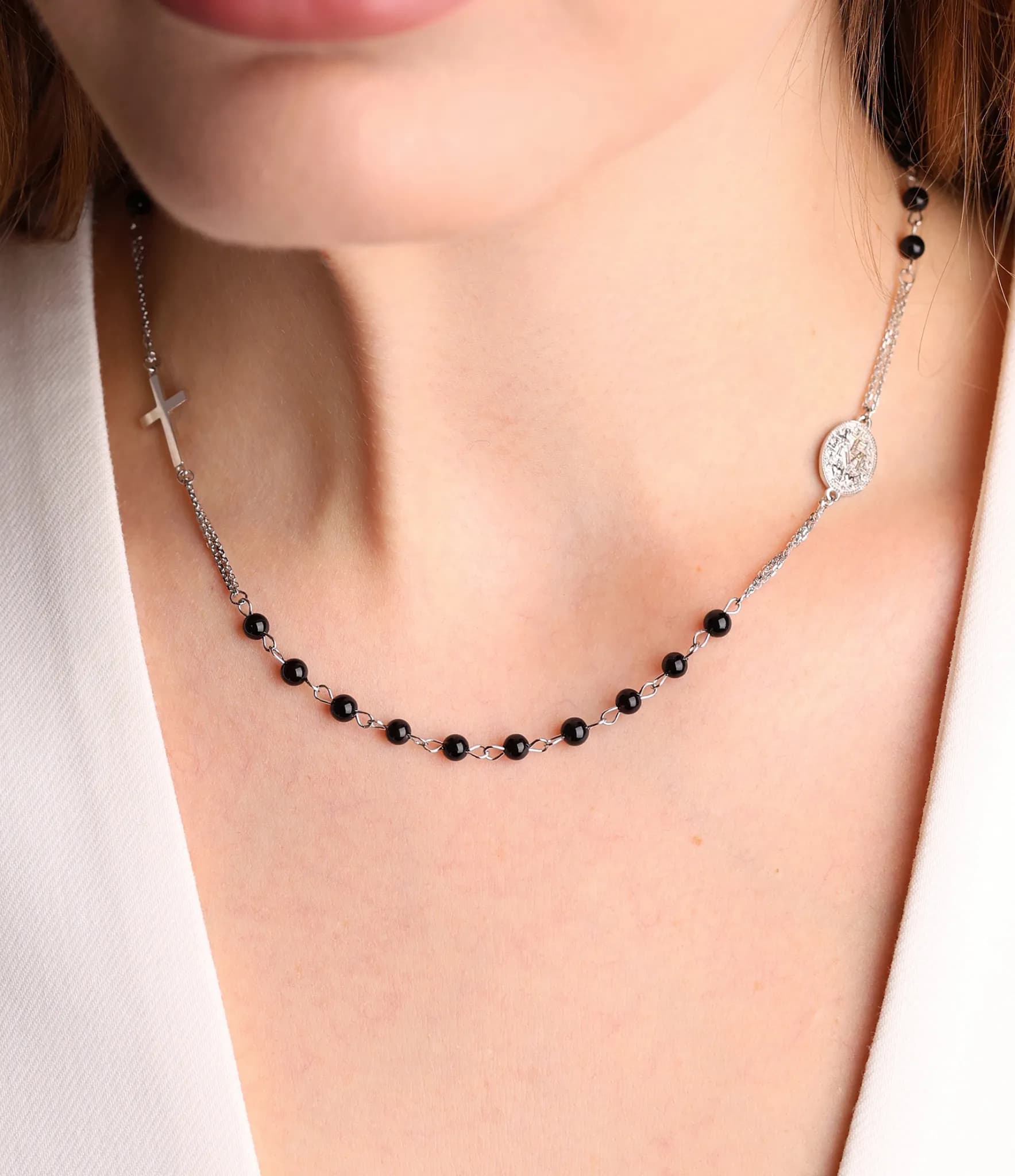 Вервиця кольє з білого золота Rosary N2 black agat 4mm, фото 4